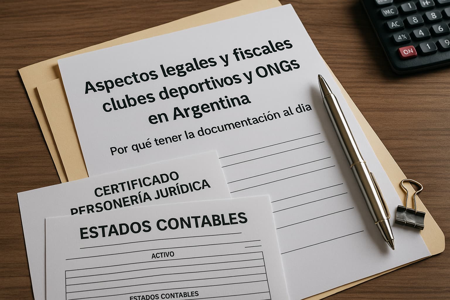 Documentos administrativos y contables sobre aspectos legales y fiscales para clubes deportivos y ONGs en Argentina, incluyendo certificados y estados contables sobre un escritorio de trabajo.