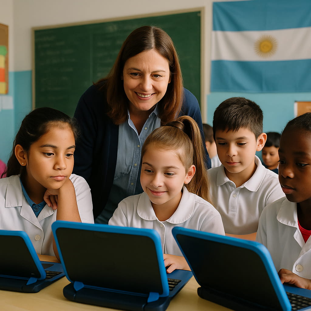 Profesora argentina acompaña a niños y niñas en el aula mientras usan laptops del Plan Sarmiento, promoviendo la educación inclusiva con apoyo de CuotaQ