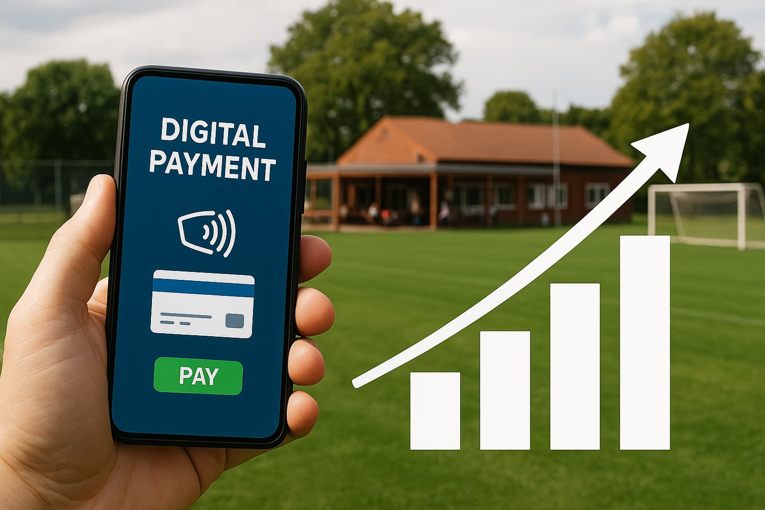 Socios de un club deportivo pagan sus cuotas mediante códigos QR y teléfonos móviles frente a la cancha, representando el crecimiento de los pagos digitales y la modernización de la gestión en clubes y ONGs con herramientas como CuotaQ