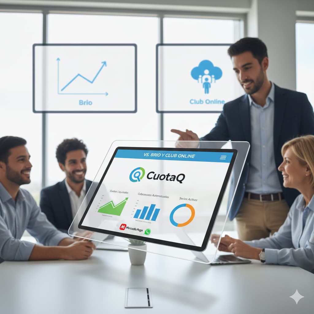 Dashboard de CuotaQ comparando rendimientos con Brio y Club Online, mostrando gráficas de cuotas liquidadas, cobranzas automatizadas y socios activos, con el logo de Mercado Pago. Un equipo profesional observa la pantalla en una reunión.