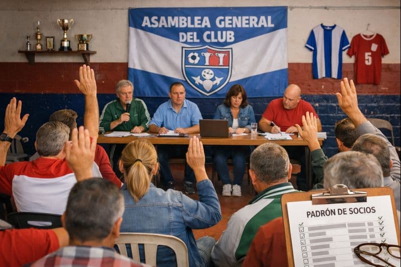 Asamblea general de un club deportivo de barrio, con socios votando y comisión directiva reunida frente al padrón de socios