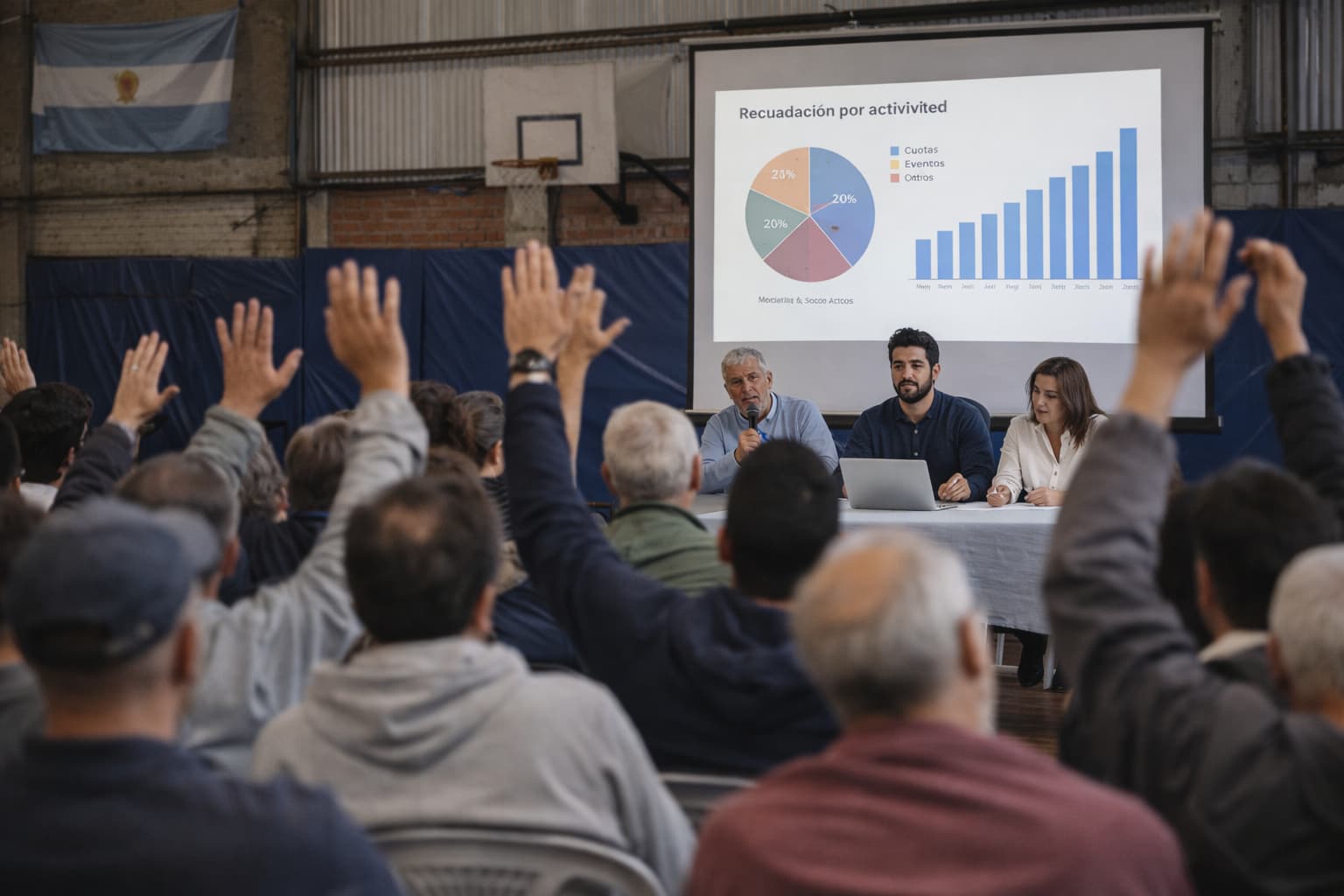 Asamblea de socios en un club de barrio argentino, con miembros levantando la mano para votar mientras la comisión directiva presenta gráficos de gestión y recaudación en una pantalla.