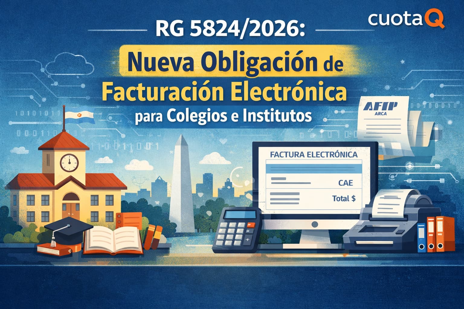 Una tablet mostrando gráficos de recaudación y facturación electrónica de CuotaQ frente a un pizarrón de aula, representando la digitalización administrativa de colegios bajo la RG 5824.
