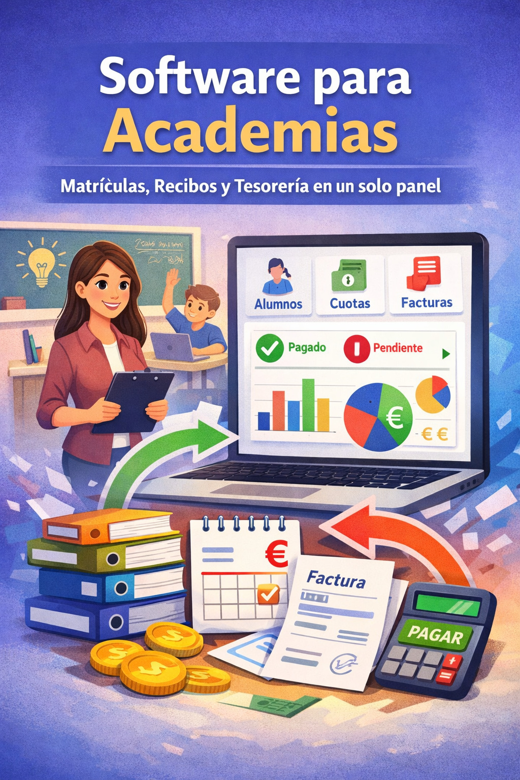 Software para academias que centraliza matrículas, cuotas, recibos y tesorería en un solo panel