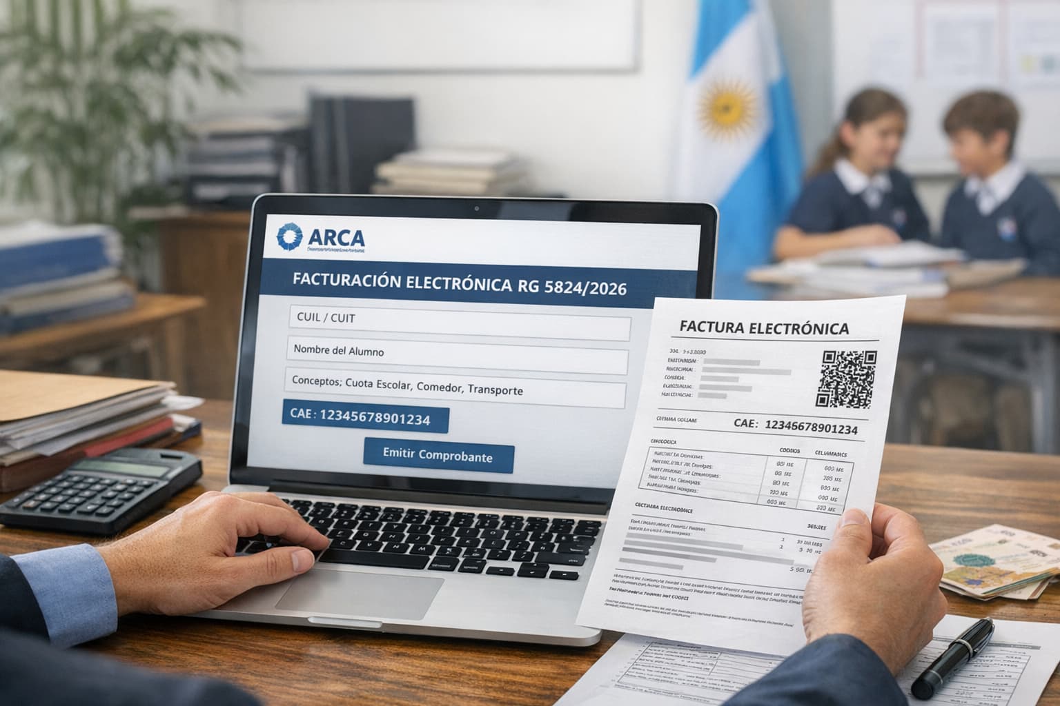 Administrador de colegio privado emitiendo factura electrónica con CAE en sistema ARCA, cumpliendo con la Resolución General 5824/2026 — Argentina