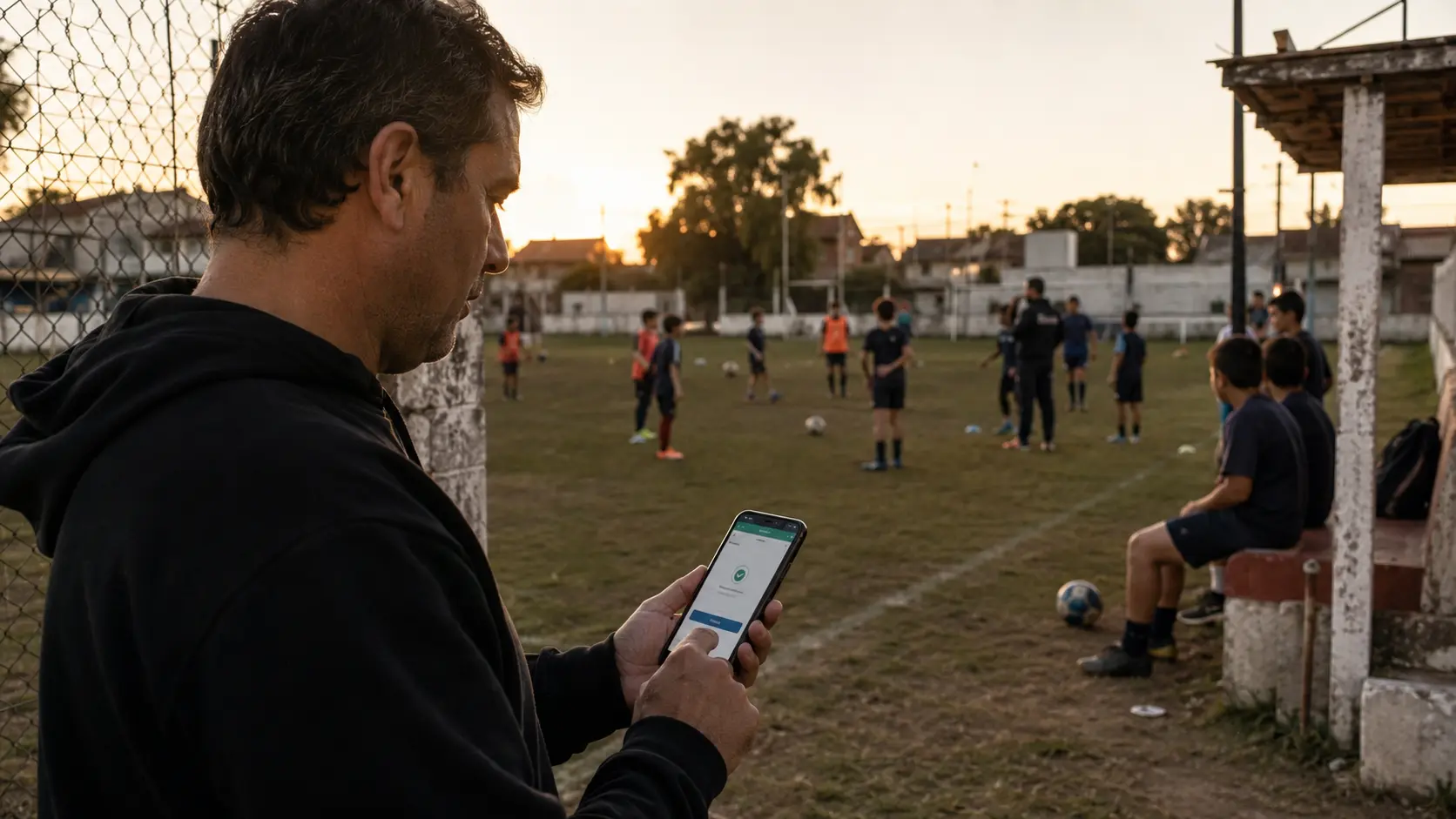 Club de barrio al atardecer con cancha, pelota y un celular con QR: el potrero y el pago digital de cuotas con CuotaQ