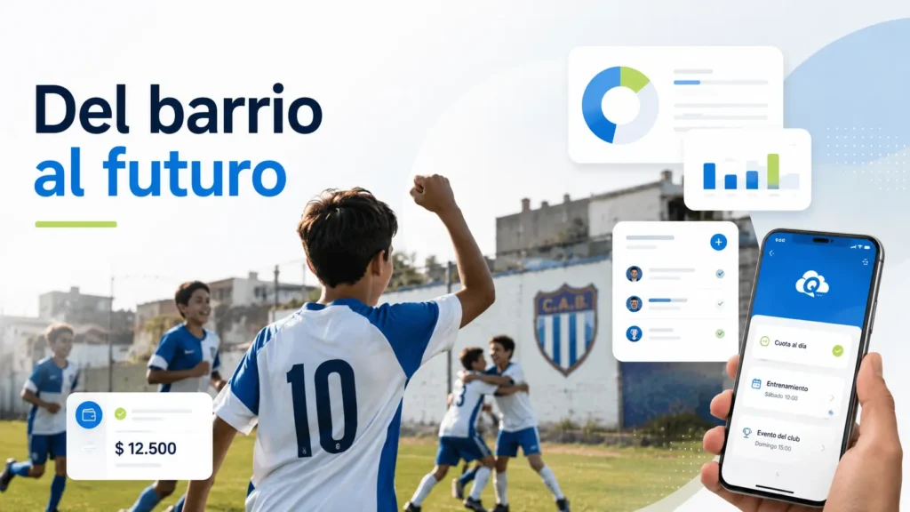 Club de barrio con jóvenes futbolistas y herramientas digitales de gestión, simbolizando cómo las instituciones deportivas modernizan cobros, socios y administración.